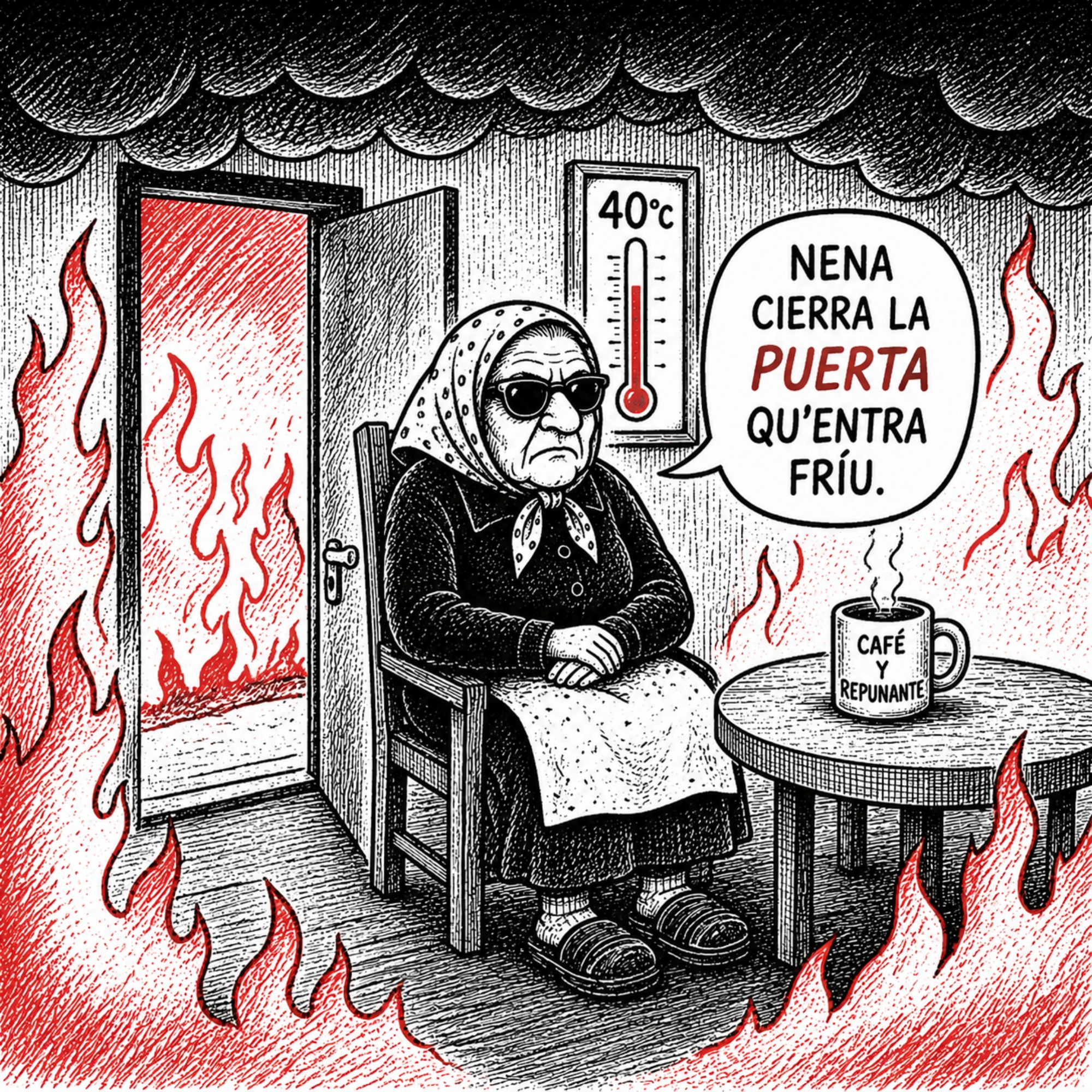 Viñeta satírica: una güela en bata y zapatillas, sentada en salón en llamas a 40°C, pide que se cierre la puerta porque entra fríu.