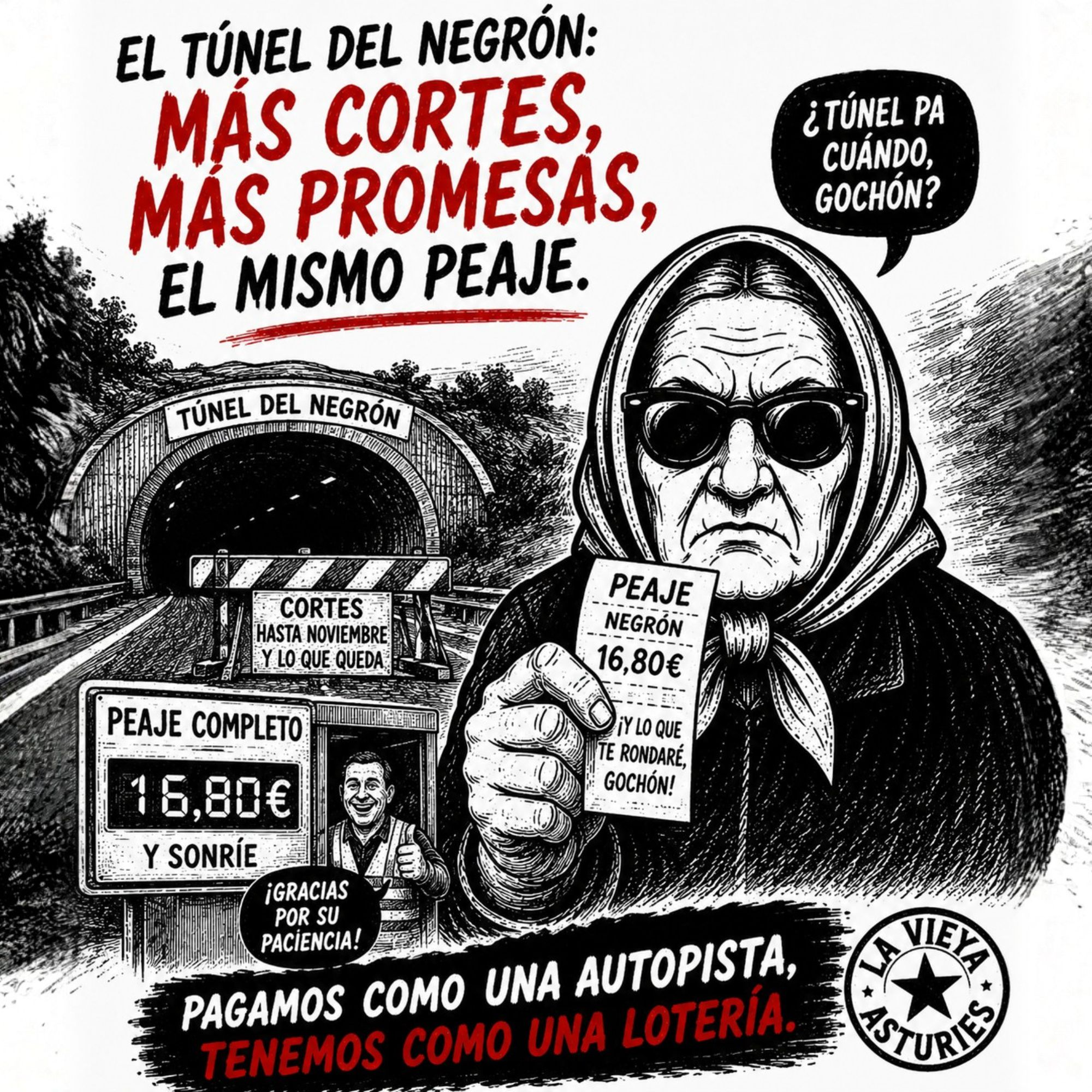 Vieta satírica: La Vieya ensin el peaxe del túnel del Negrón mentanto un obreru sonríe pente los cortes de la autovía.