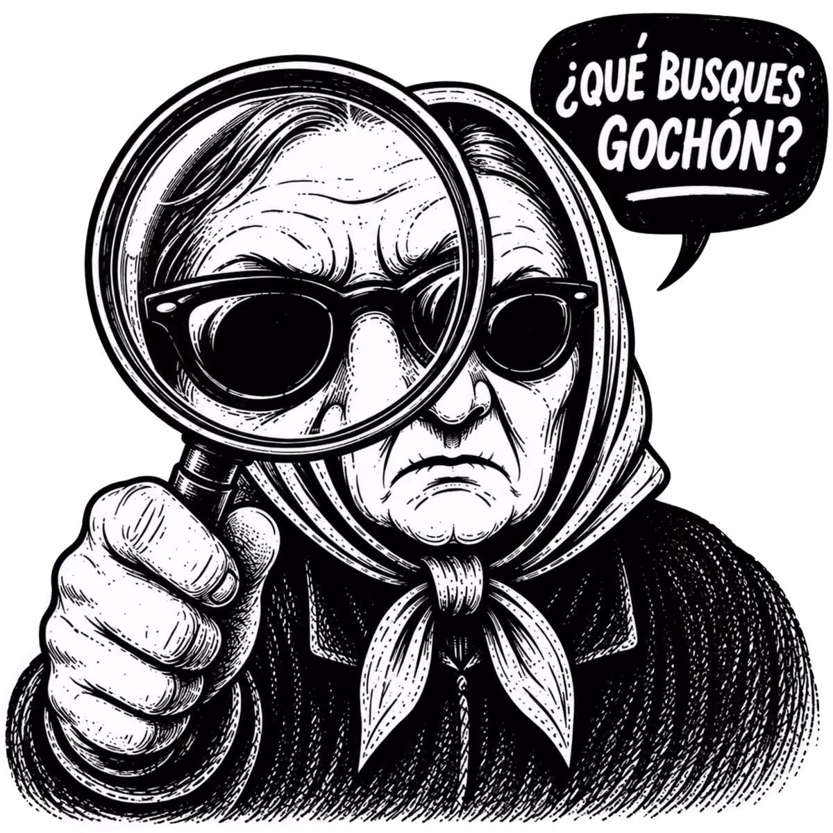 La Vieya, con gafes escures y una lupa, entruga: ¿Qué busques, gochón?