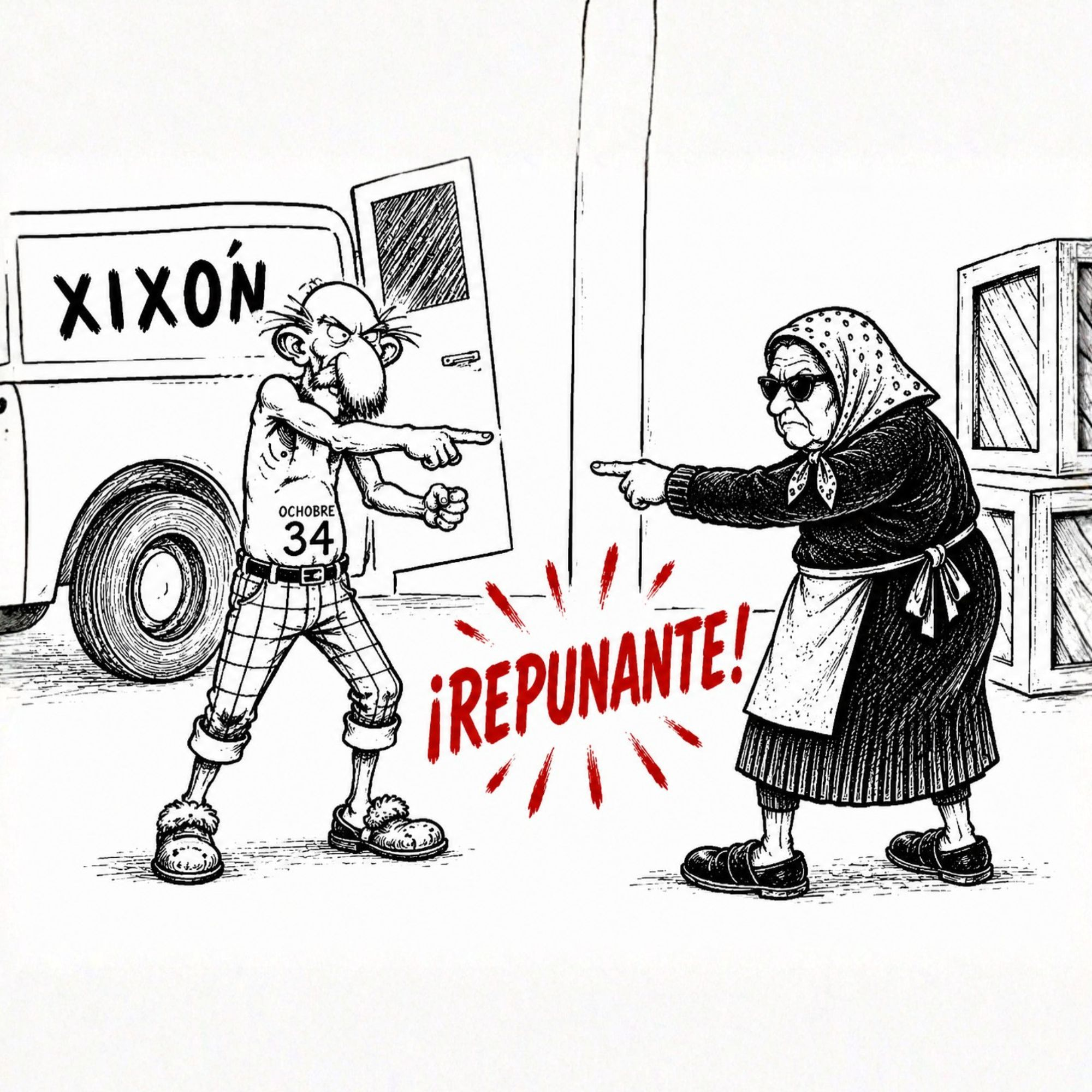 Parodia d'un iconu popular del tebeo veraniegu asturianu: un vieyu en camiseta de tirantes y una güela de gafes escures se señalen mutuamente gritando '¡Repunante!' delantre d'una furgoneta con matrícula de Xixón.